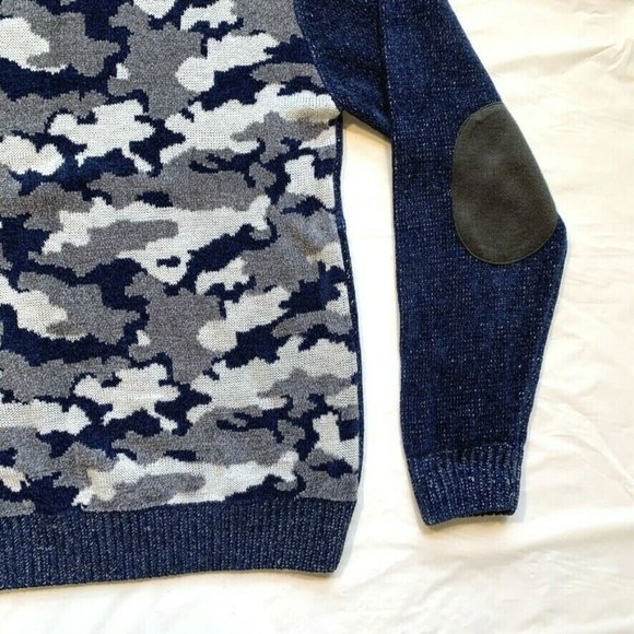 Royal Prestige Camo Sweater Mens Medium M Velour Elbow Patch Chunky Knit Rayon - Picture 5 of 10